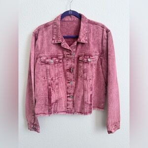 Pink Cropped Denim Jacket Raw Hem Distressed Size L